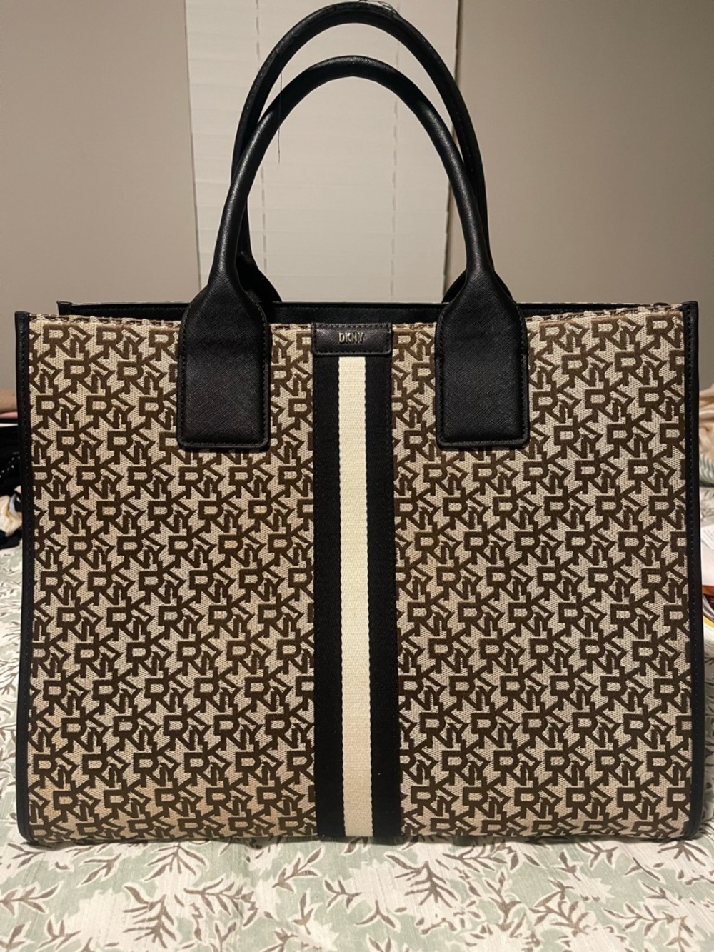 DKNY Brown Monogram Tote with Black Handles and Cream Stripe